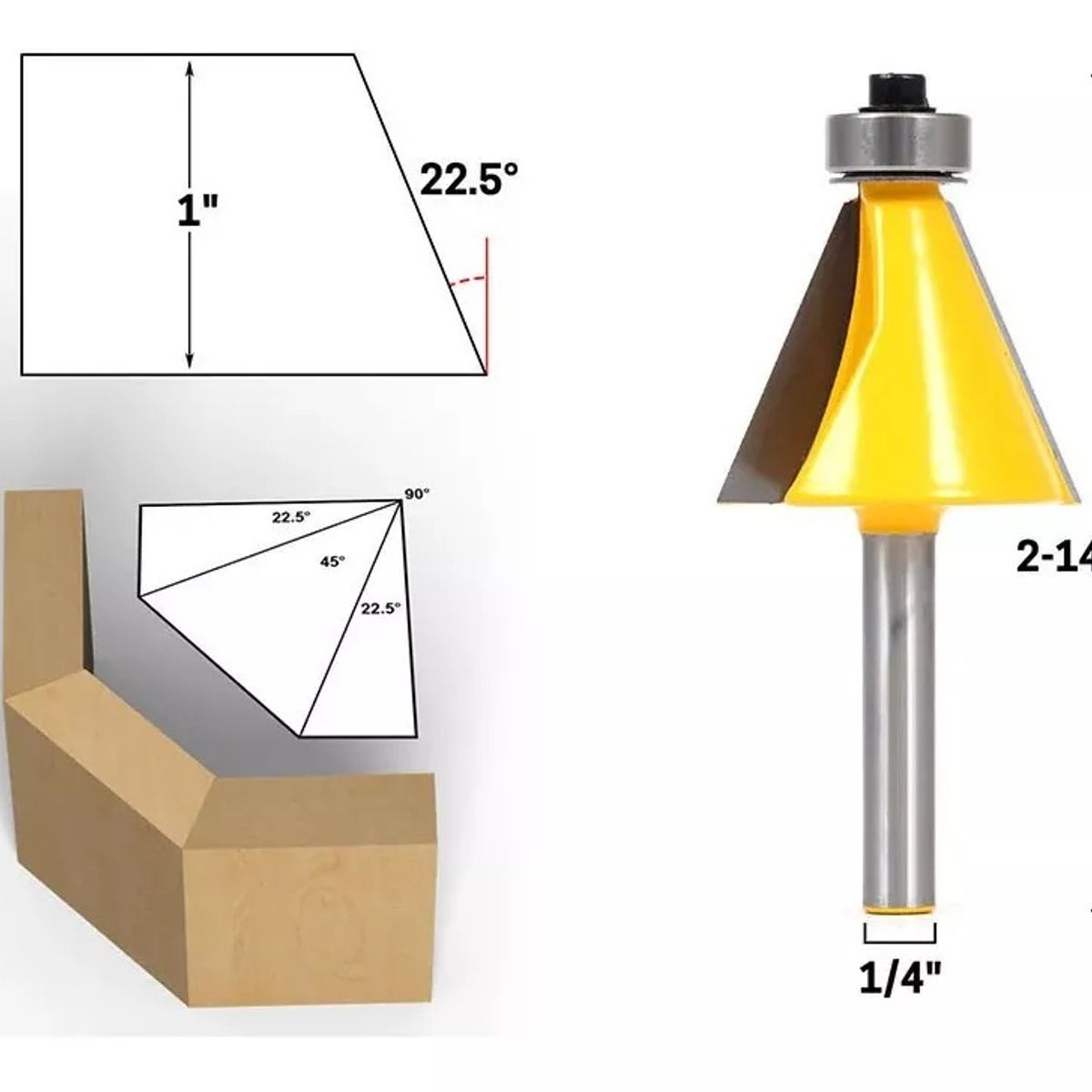 GENERICO - Fresa Madera Copiadora 22.5° Grados Vástago ¼  Alta Dureza