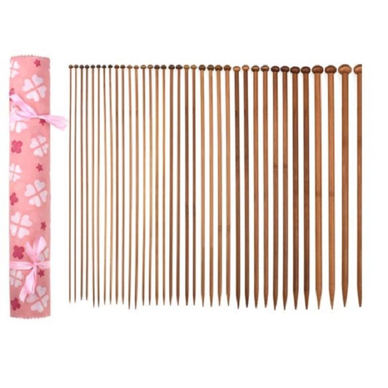 GENERICO - Set 36 Palillos De Tejer Madera + Funda Rosada