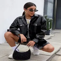 BLWOENS - Chaqueta de PU delgada abrigo casual para mujeres - Negro