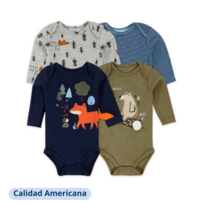 TEDMIMAK - Pack 4 Bodys Bebe Niño Zorro Oso Tedmimak Algodón Manga Larga Surtido