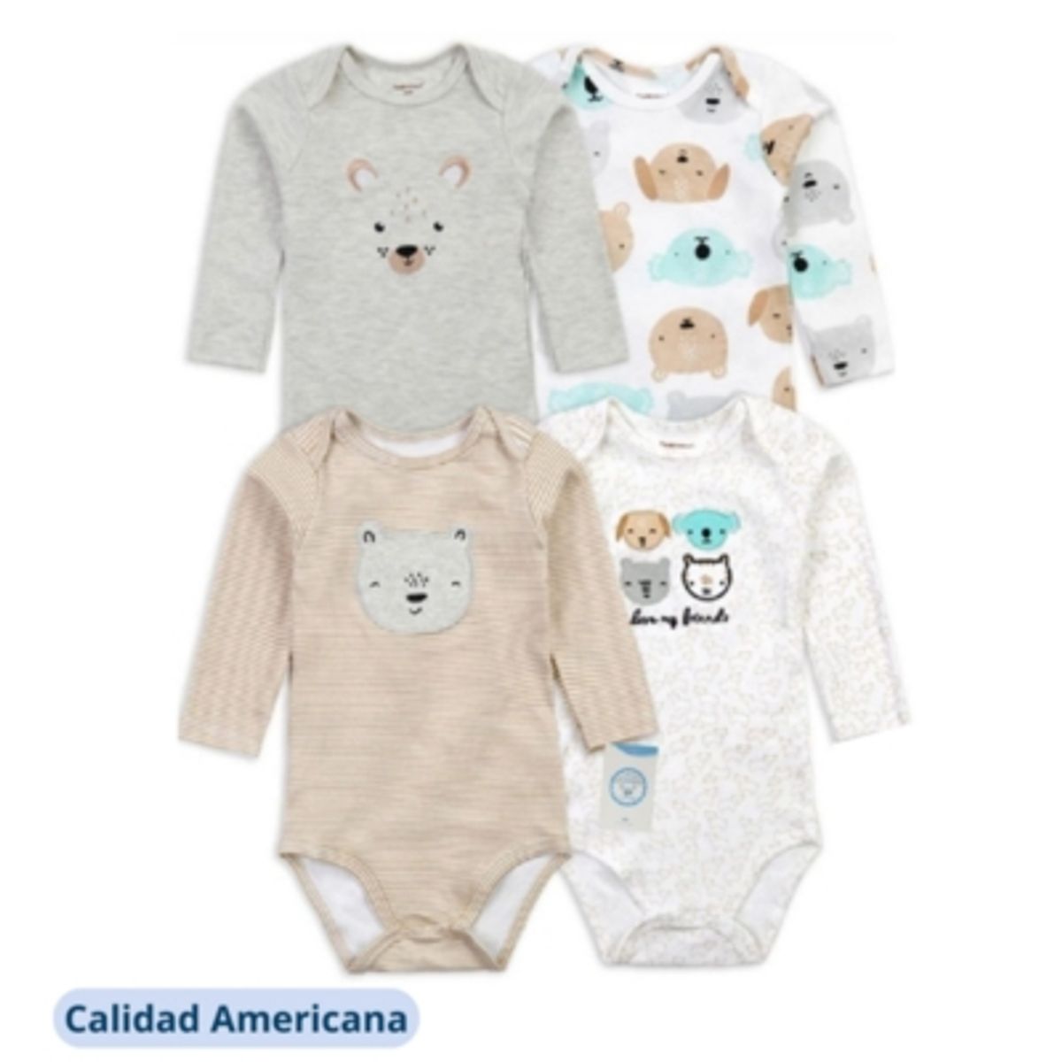 TEDMIMAK - Pack 4 Bodys Bebe Niño Zorro Oso Tedmimak Algodón Manga Larga Surtido