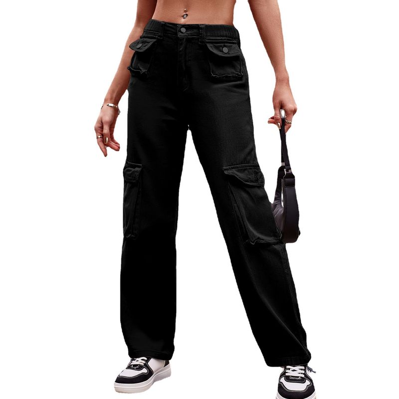 BLWOENS - Pantalones cargo elásticos de cintura alta para mujer - Negro