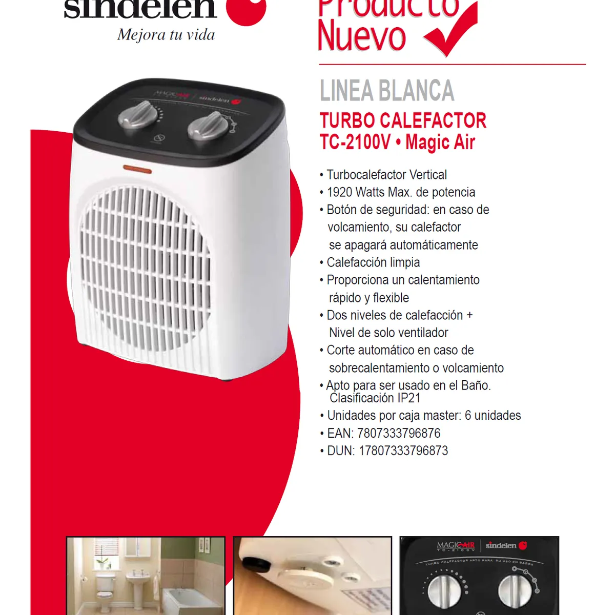 SINDELEN - Termoventilador Sindelen Tc-2100v Calefactor Electrico 25m2 Apto Baños