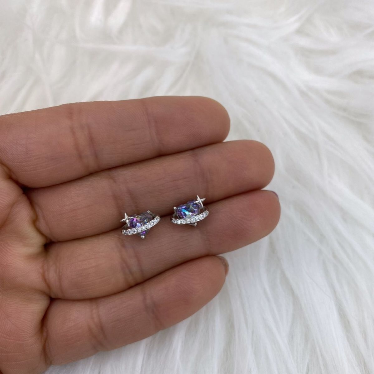 GENERICO - Aro Corazón Cristal Tornasol circones Baño Plata S925 mas caja regalo