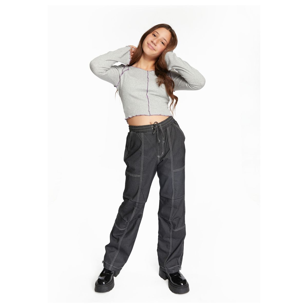 CACAO - Polera Helena Crop C/Rulet Gris Cacao