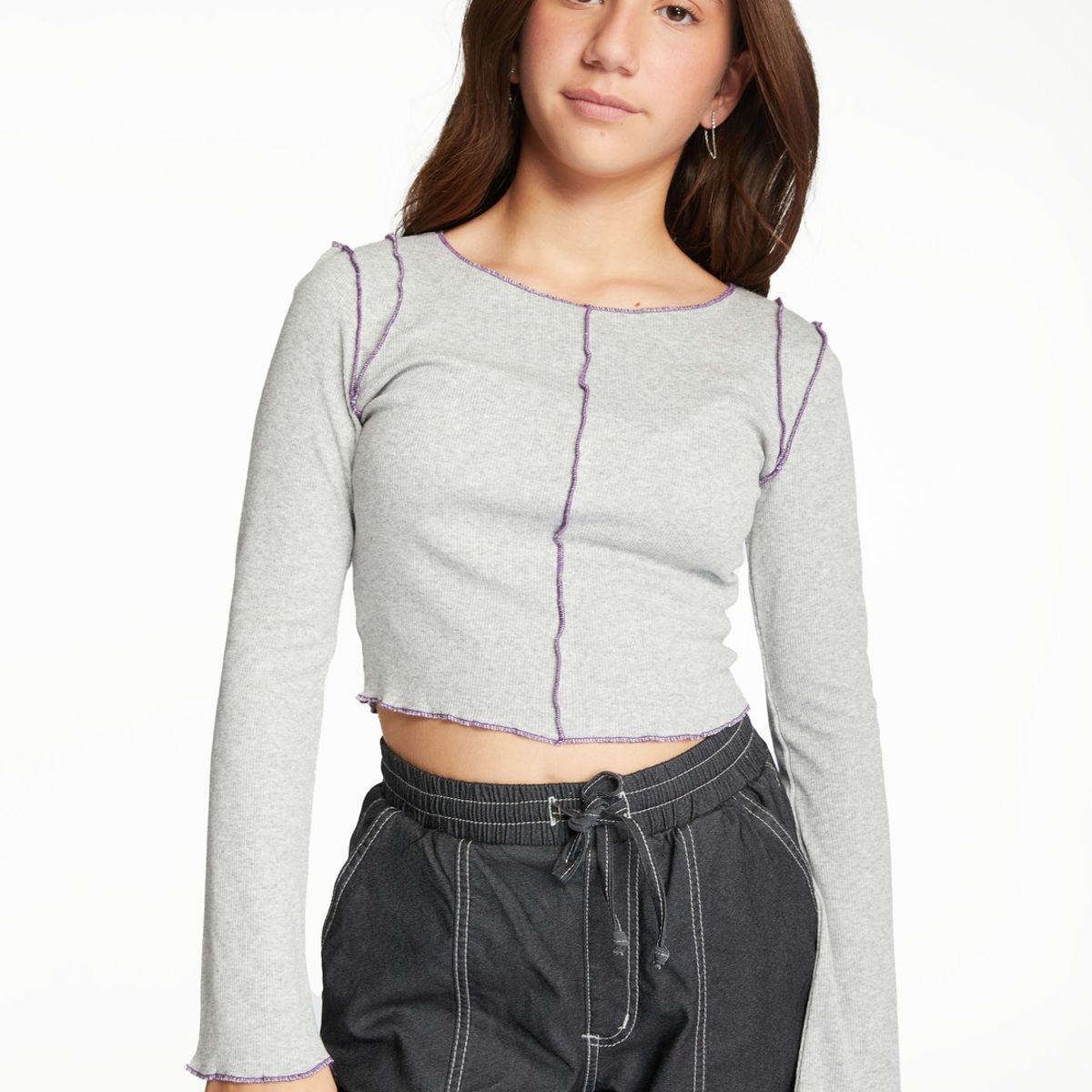 CACAO - Polera Helena Crop C/Rulet Gris Cacao