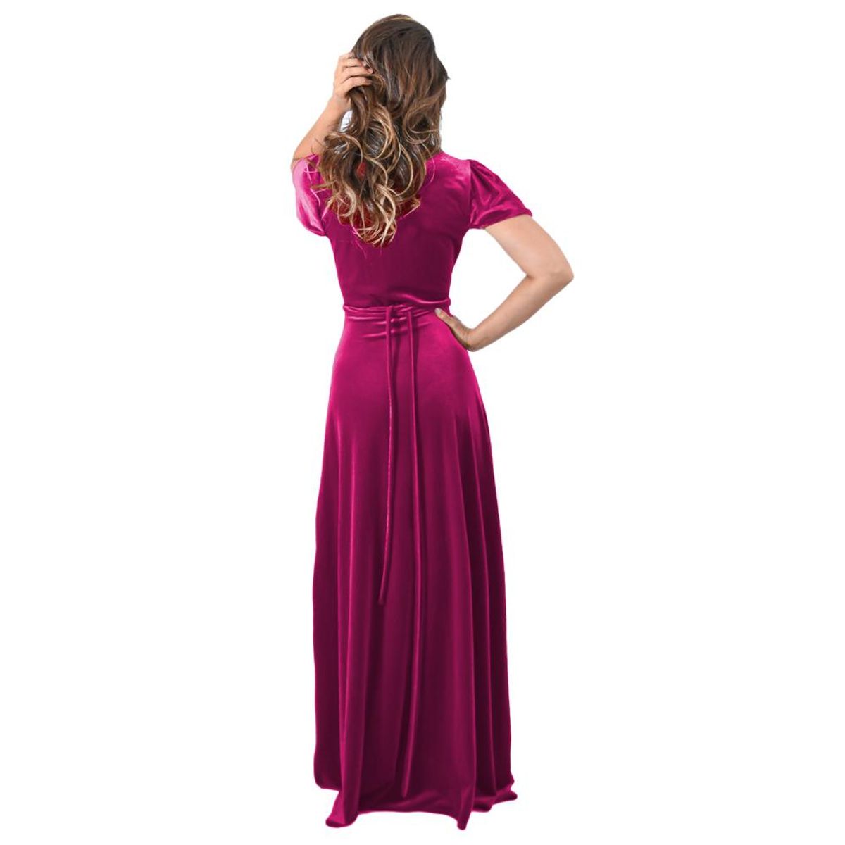 MARIA PASKARO - Vestido Largo York Fucsia Terciopelo Mangas Maria Paskaro - Fucsia