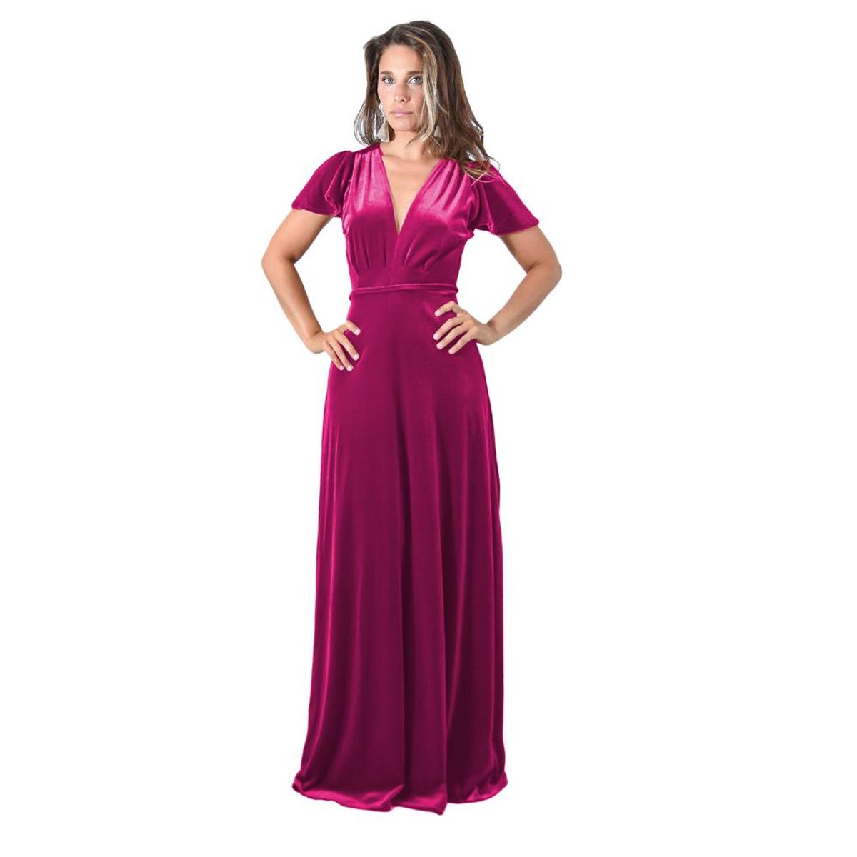 MARIA PASKARO - Vestido Largo York Fucsia Terciopelo Mangas Maria Paskaro - Fucsia