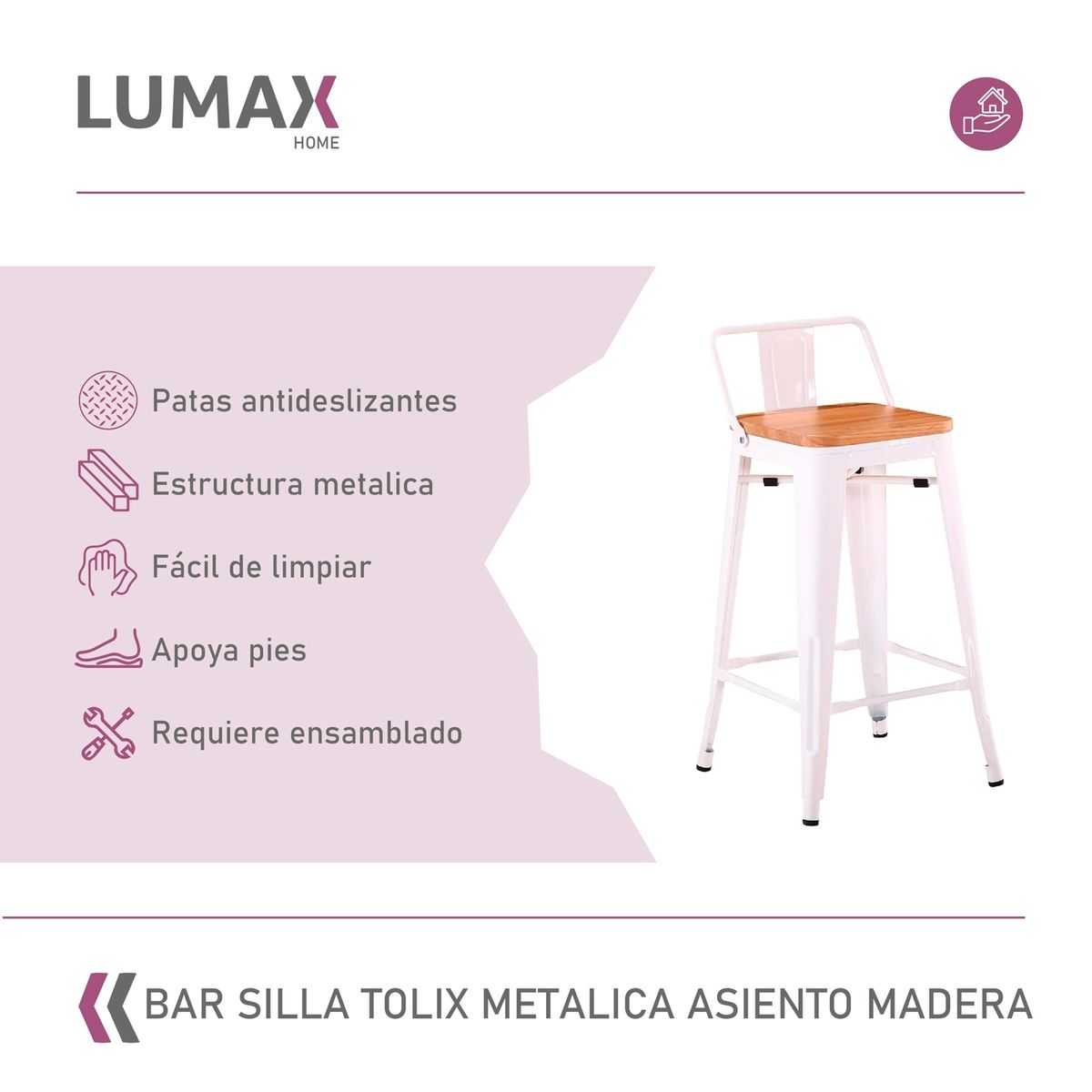 LUMAX - Taburete Piso Silla de Bar Tolix Blanco con Respaldo Madera