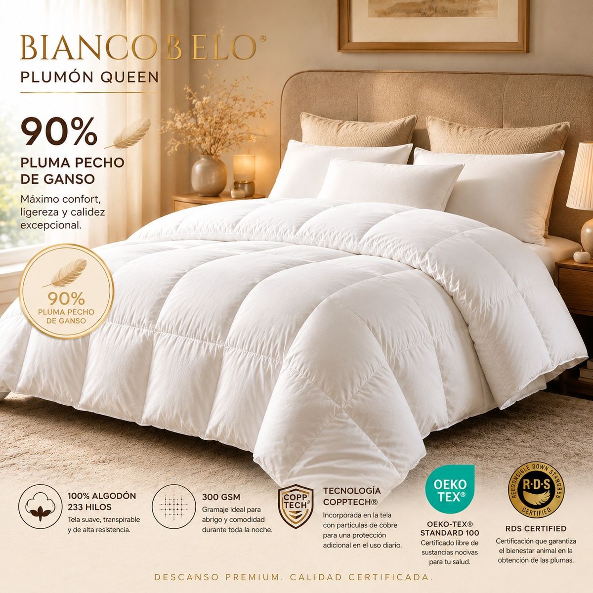 BIANCOBELO - Plumon Superking Invierno Premium  90% pluma de pecho ganso Certificado