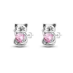 SILVER HEART - Aros Gato y Corazón Rosa en Plata Fina 925