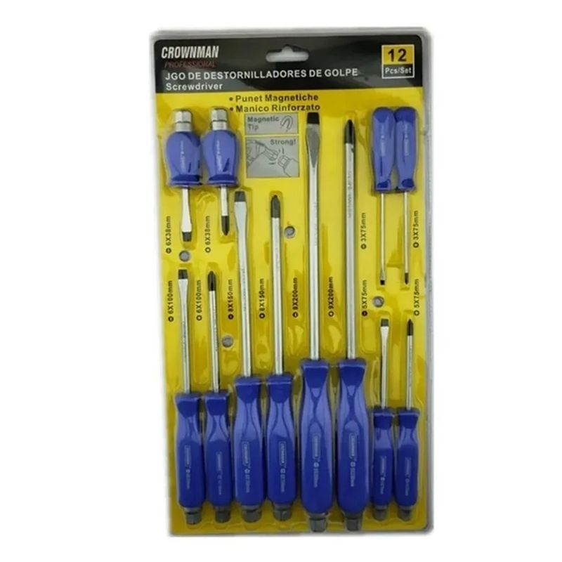GENERICO - Set Destornilladores Golpe Punta Magnetica 12 Pieza Crownman