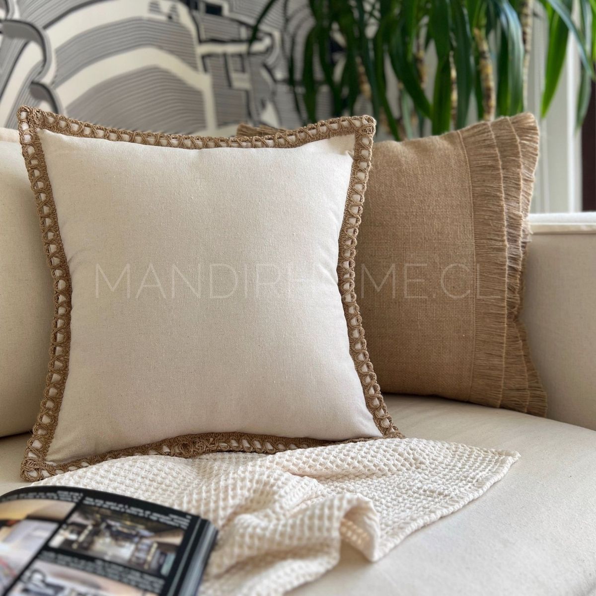 MANDIRHOME - Funda de Cojín Natural Rústico Lino Cuadrada