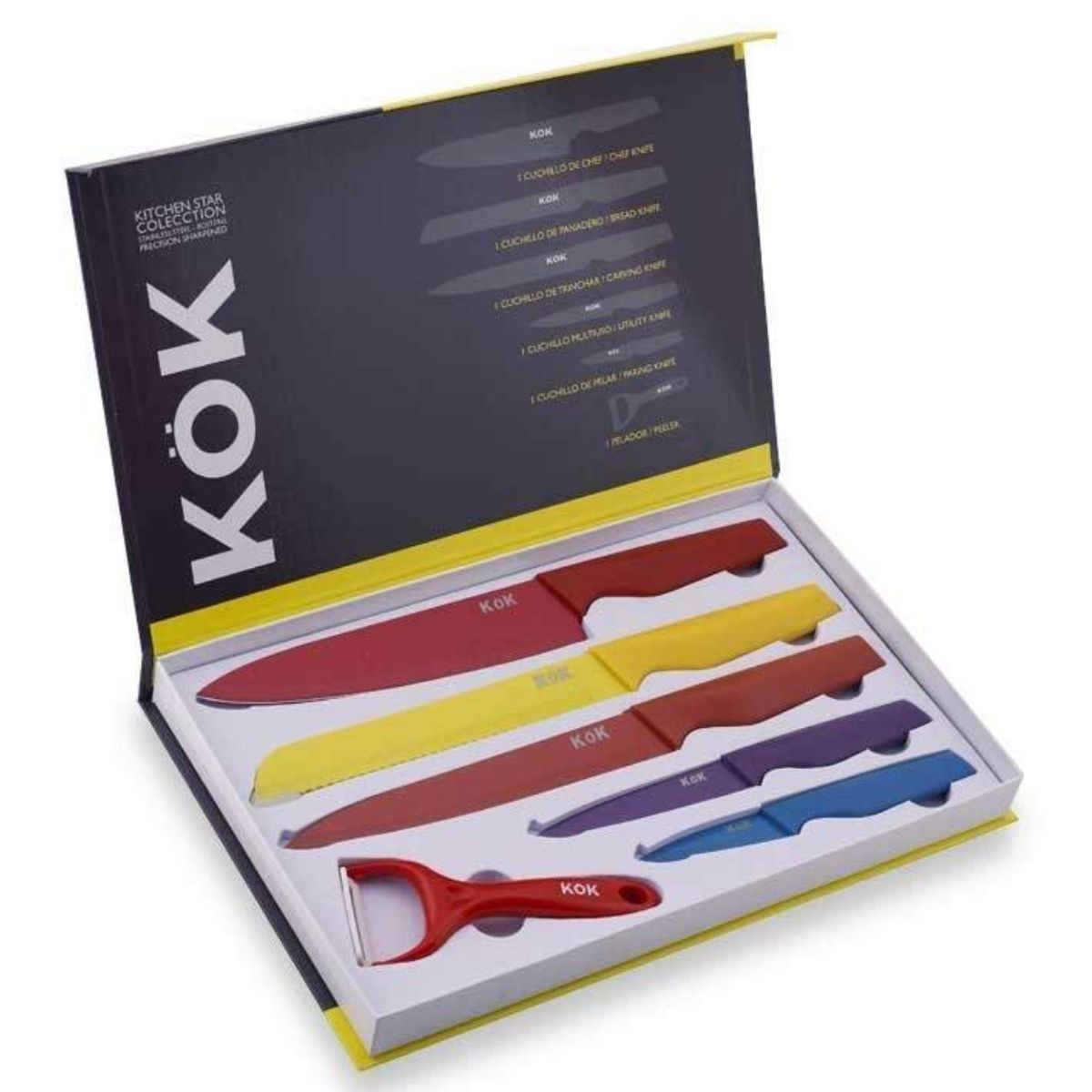 OEM - ESTUCHE DE 6 CUCHILLOS COCINEROS COLORES KOK