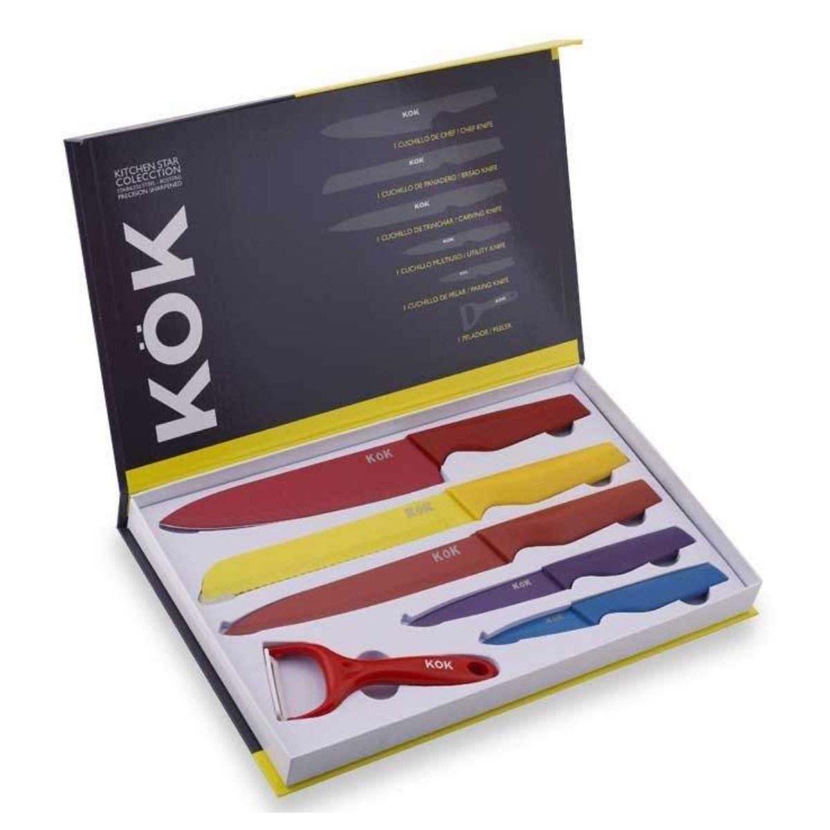 OEM - ESTUCHE DE 6 CUCHILLOS COCINEROS COLORES KOK