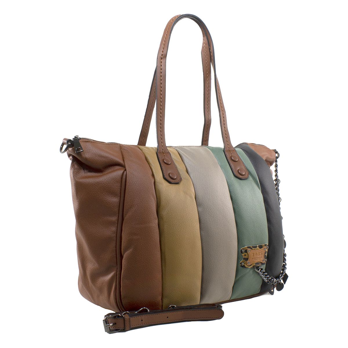 MAILEA - Cartera ecocuero grande franjas para mujer tostado