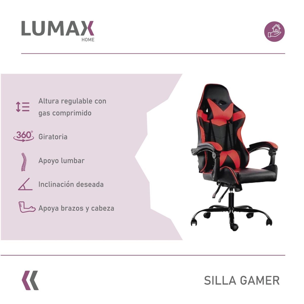 LUMAX - Silla Gamer Lumax Reclinable y Elevable Rojo