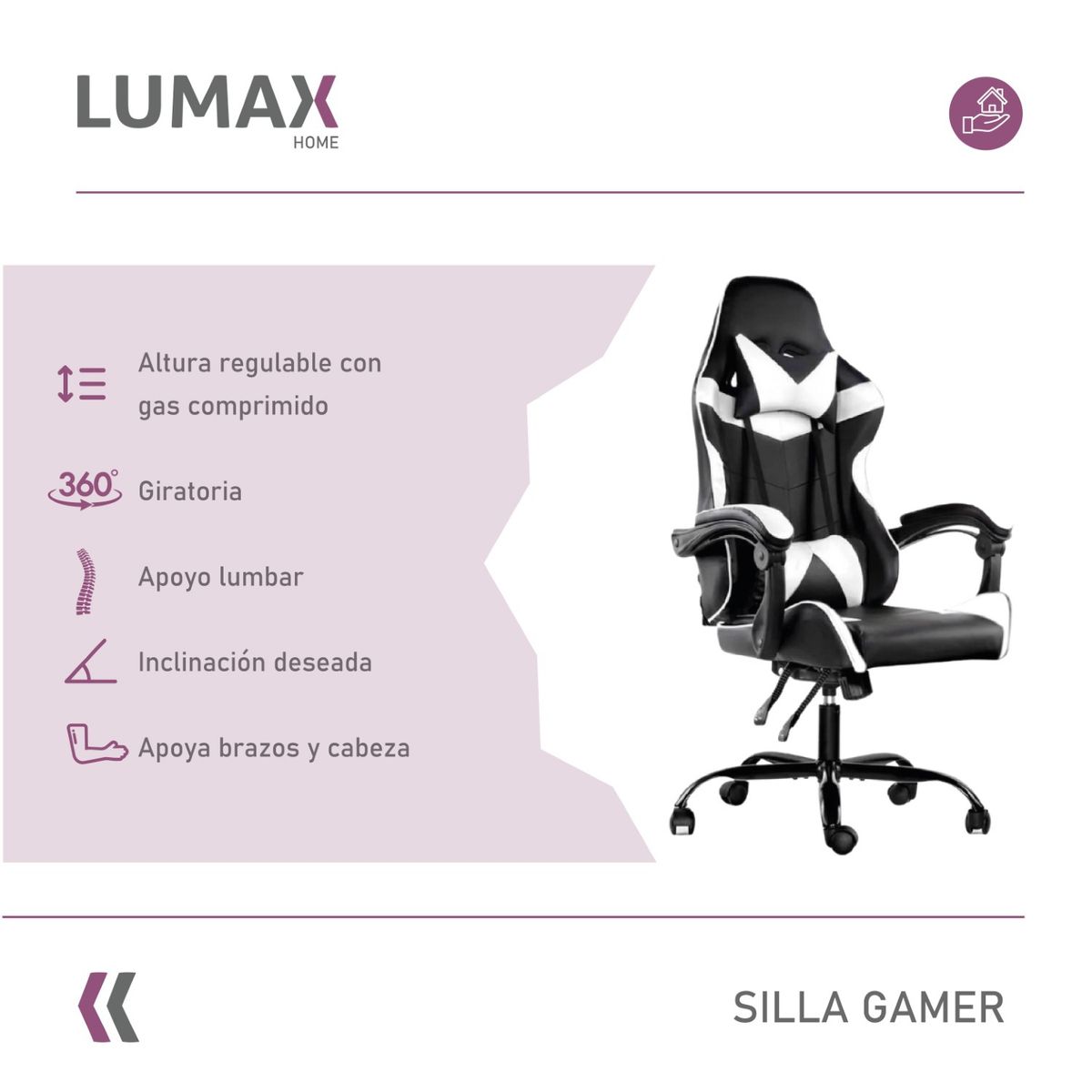 LUMAX - Silla Gamer Lumax Reclinable y Elevable Blanco
