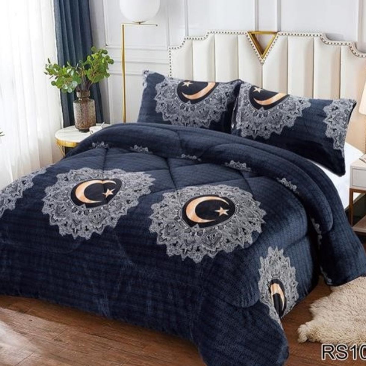 GENERICO - Cubrecama de Invierno Plush con Chiporro 2 Plaza Negro con Luna