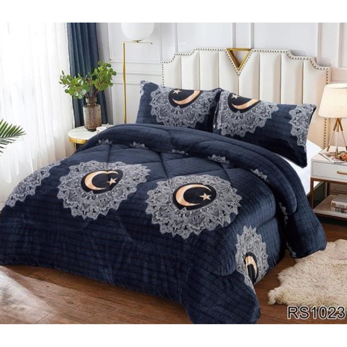 GENERICO - Cubrecama de Invierno Plush con Chiporro 2 Plaza Negro con Luna