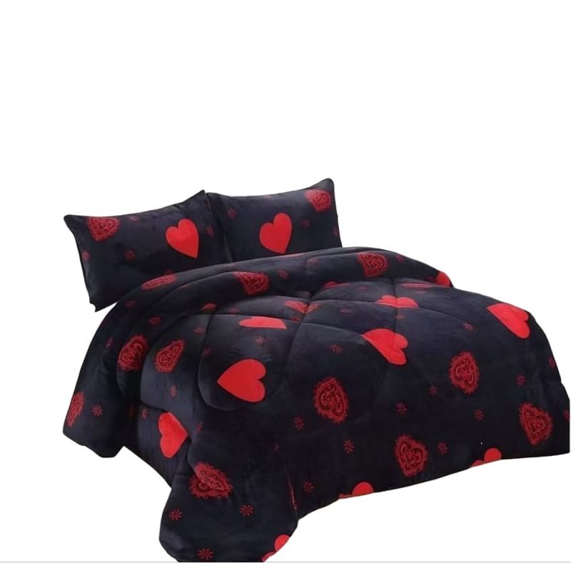 GENERICO - Cubrecama de Invierno Plush con Chiporro 2 Negro con Corazones