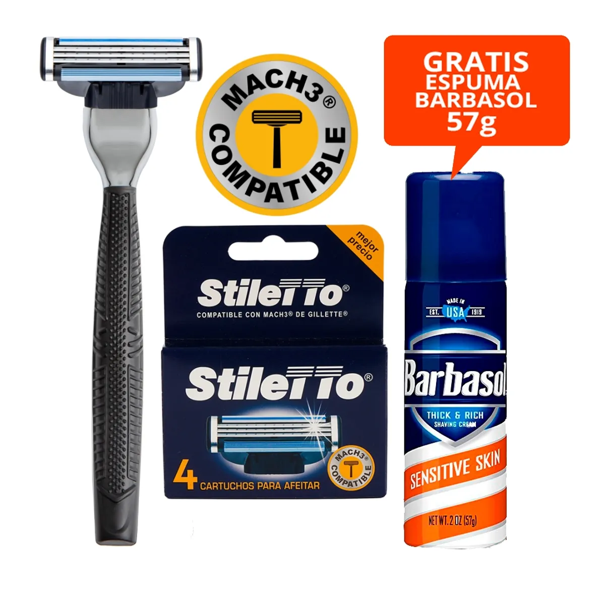 STILETTO - STILETTO KIT DE AFEITADO DE 3 HOJAS COMPATIBLE CON MACH3® DE GILLETTE®
