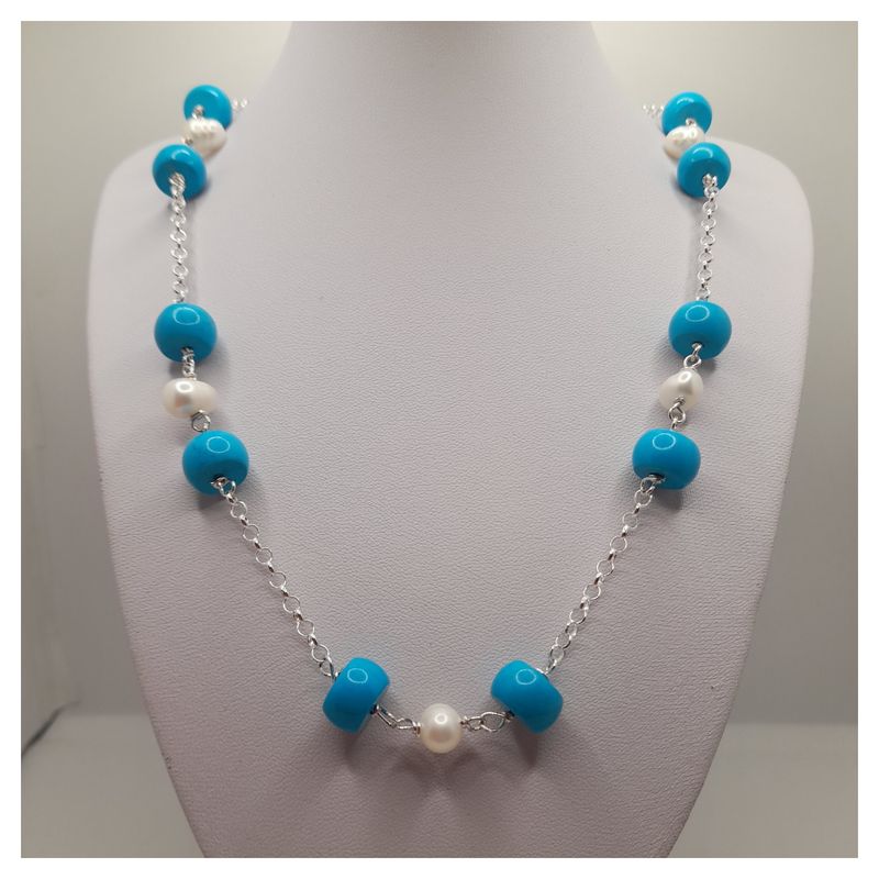 CAT JOYAS - Collar de plata con turquesa y perlas de río