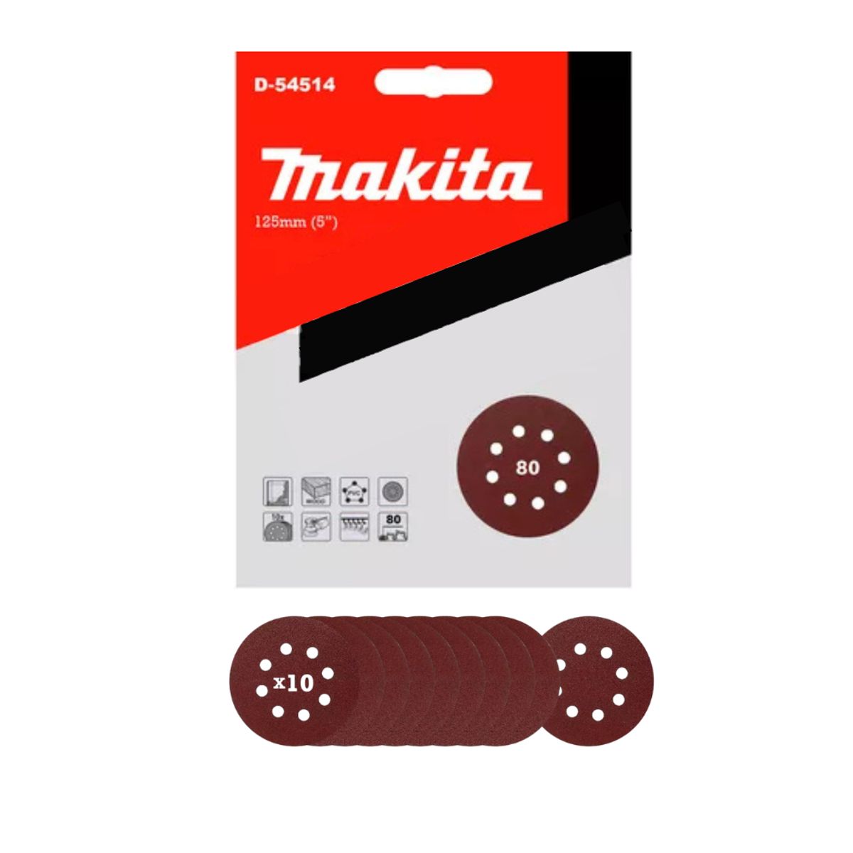 MAKITA - 10 Discos Lija Con Velcro 125mm (5 ) Grano 80 Makita D-54514