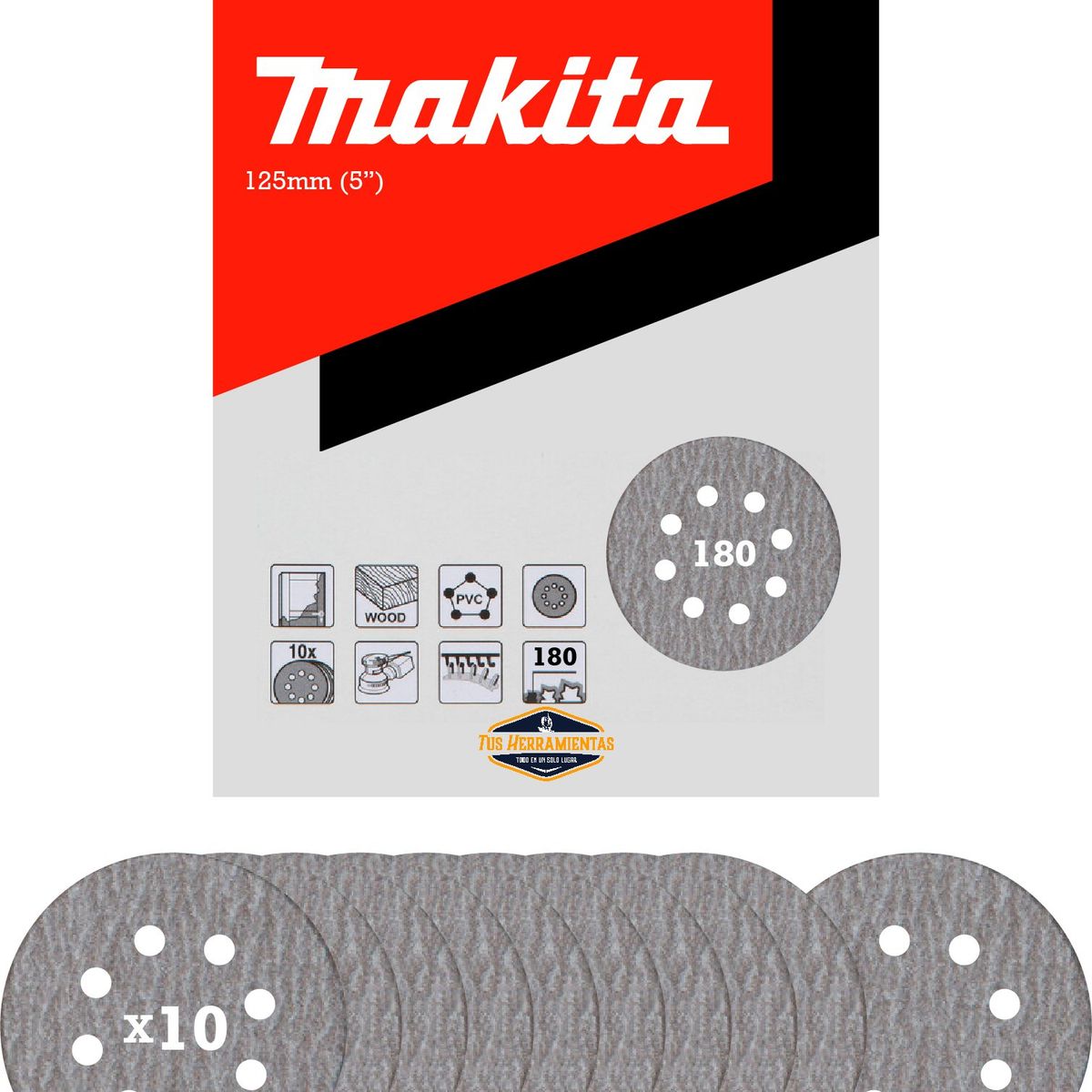10 Discos Lija Velcro 125mm (5'') Grano 180 Makita D-65872, marca MAKITA - Foto Principal