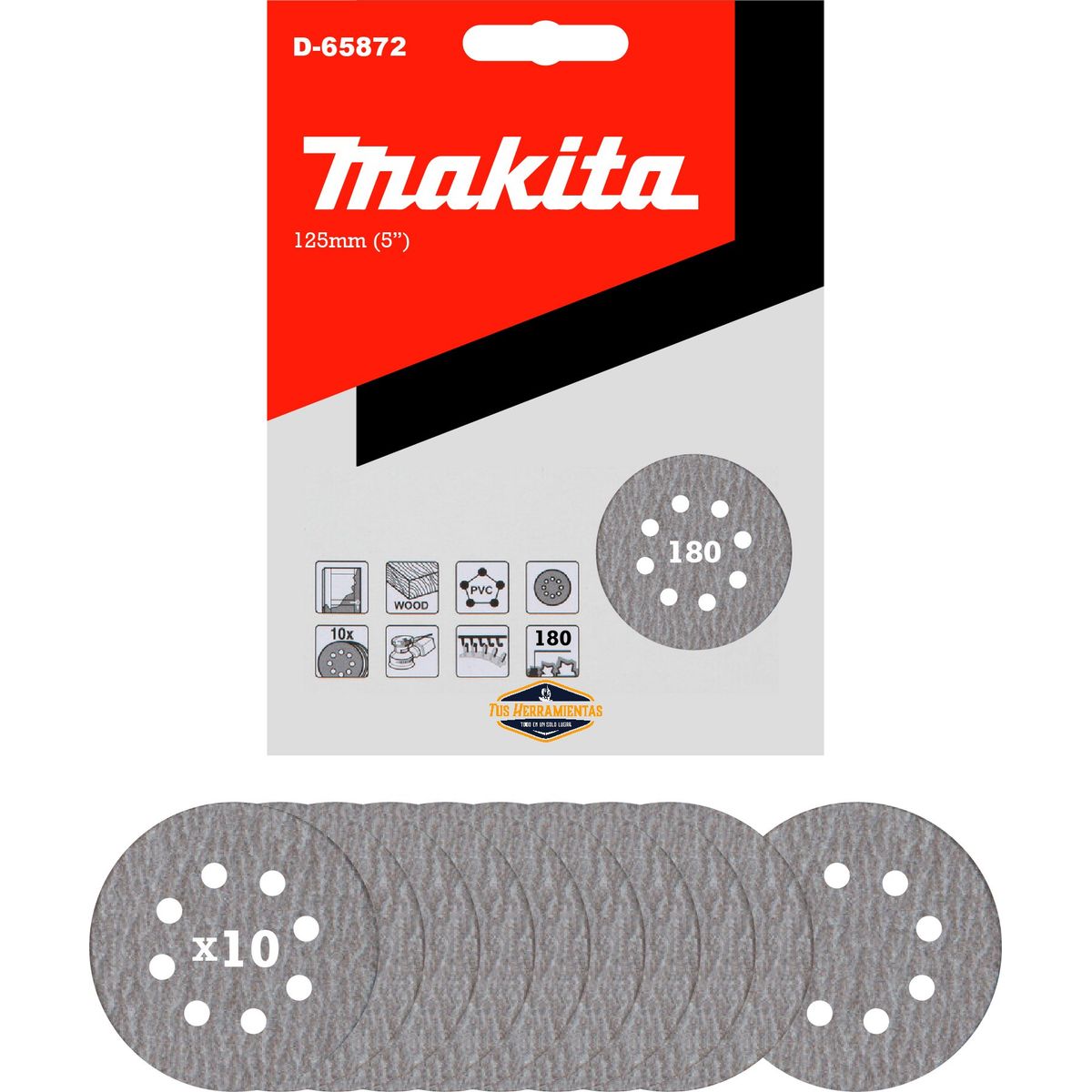 10 Discos Lija Velcro 125mm (5'') Grano 180 Makita D-65872, marca MAKITA - Foto Principal