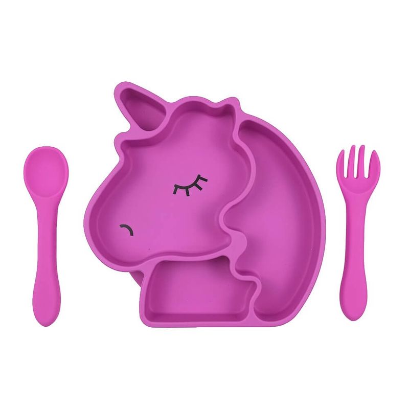 GENERICO - Set de alimentación plato unicornio y cubiertos de silicon fucsia…