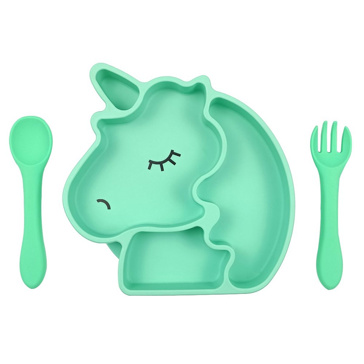 GENERICO - Set de alimentación plato unicornio y cubiertos de silicon menta…