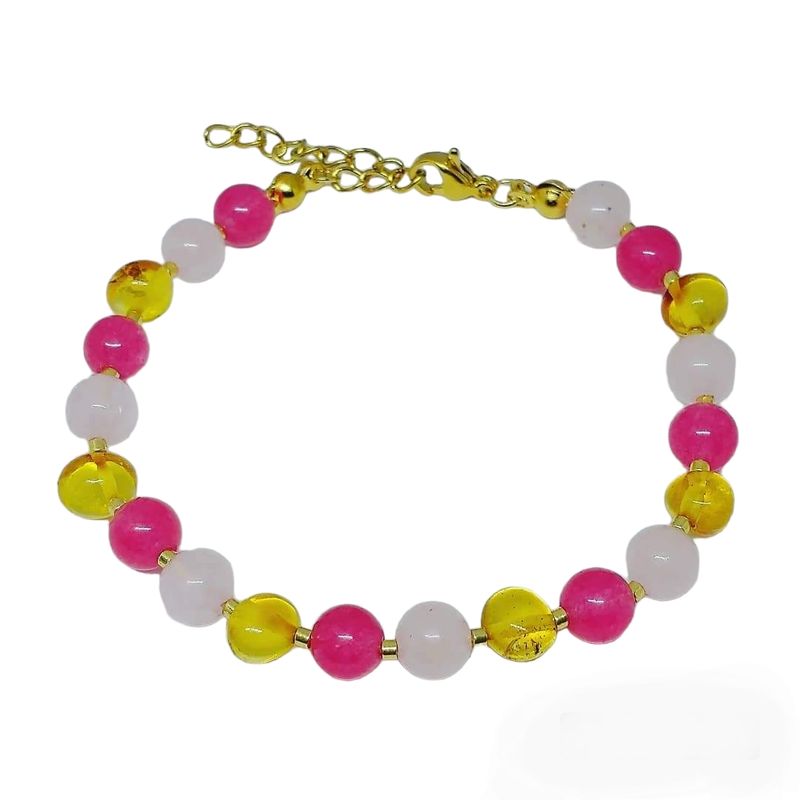 CORAZÓN DE ÁMBAR - Pulsera que calma y armoniza ámbar ágata fucsia y cuarzo rosa