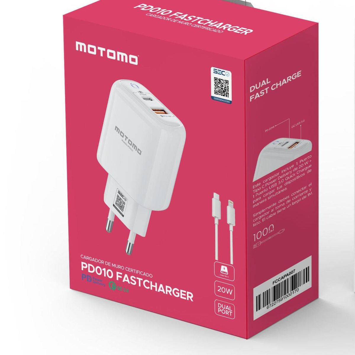 MOTOMO - Adaptador Cargador Usb + Tipo C 20w Carga Rápida Qc 3.0