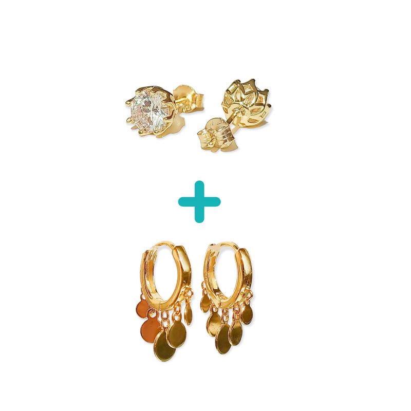 ELBAULDEJUMA - Pack Aros Punto De Luz Argollas Huggies Plata Enchapado en Oro 18k