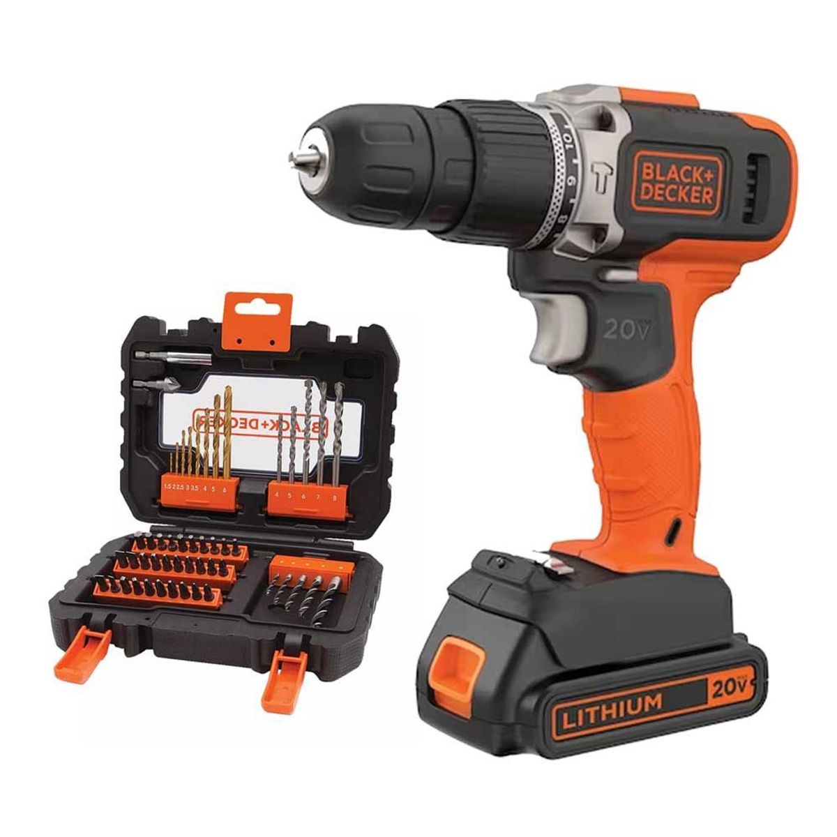BLACK+DECKER - Taladro percutor inalámbrico 10mm B&D 20V + Set caja 50 Pzas