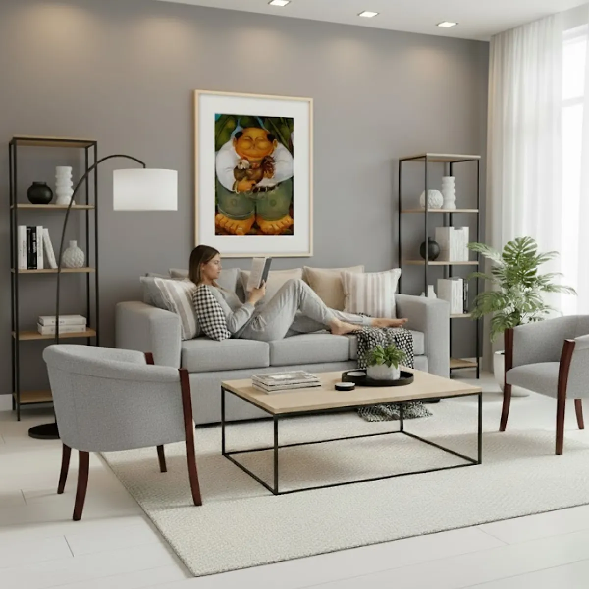 SITIAL HOME - Living 311 Kabul Gris Claro Sofa 3 cuerpos + 2 Sitiales de madera