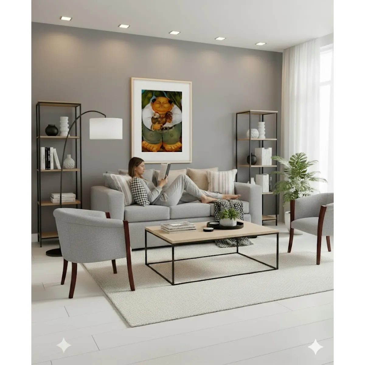 SITIAL HOME - Living 311 Kabul Gris Claro Sofa 3 cuerpos + 2 Sitiales de madera