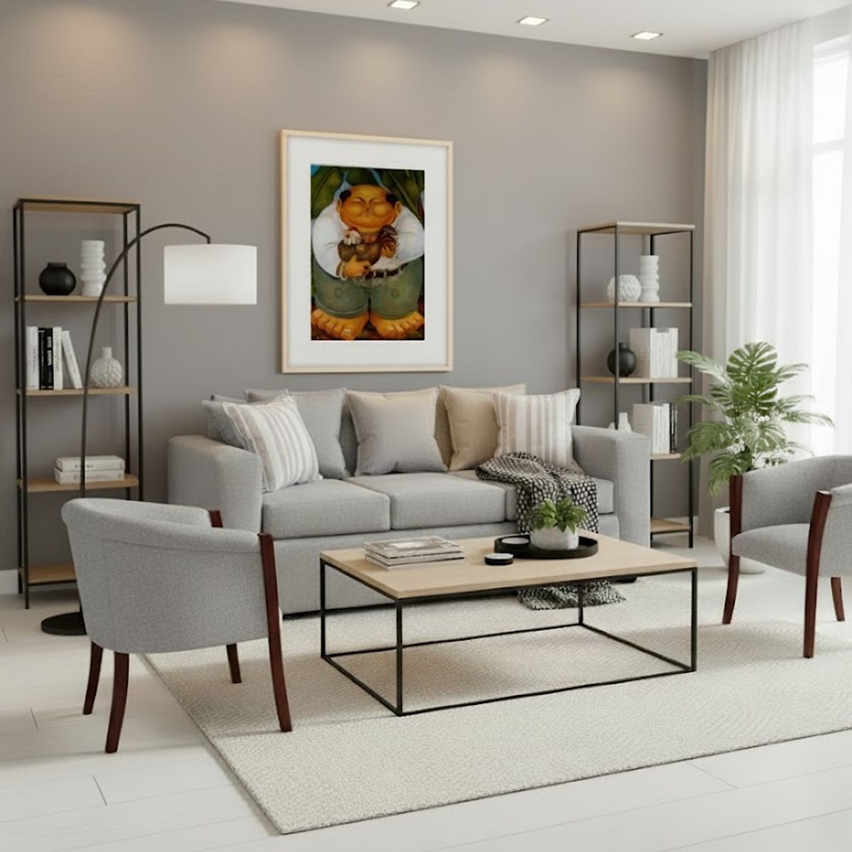 SITIAL HOME - Living 311 Kabul Gris Claro Sofa 3 cuerpos + 2 Sitiales de madera