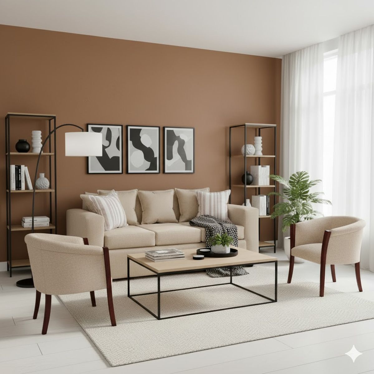 SITIAL HOME - Living 311 kabul Beige claro Sofa 3 cuerpos + 2 Sitiales de madera