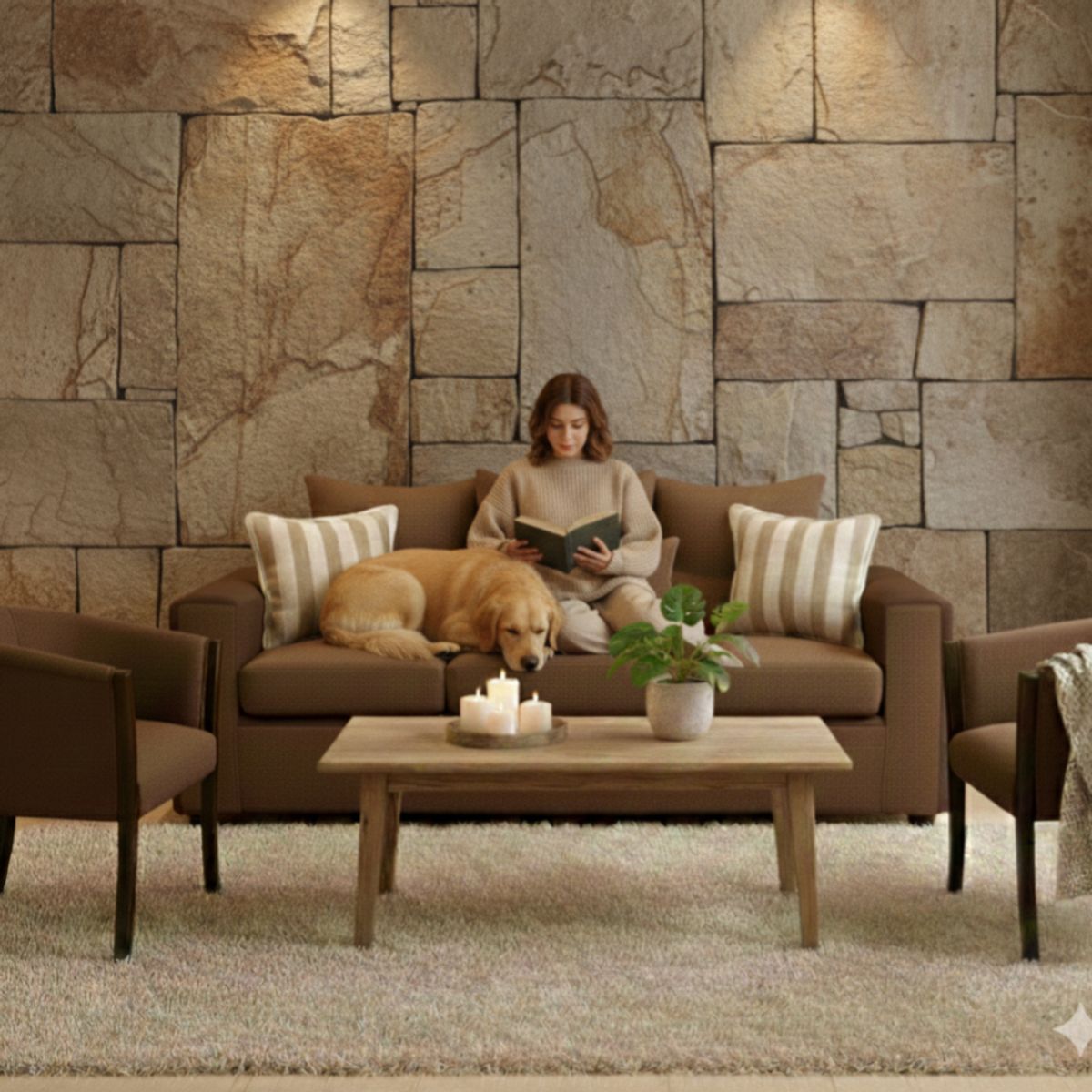 SITIAL HOME - Living Kabul 311 cafe  Sofa 3 cuerpos + Sitiales de madera