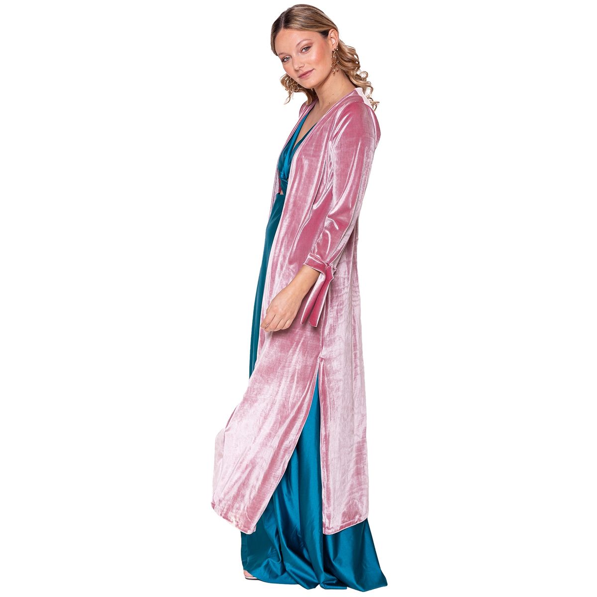 MARIA PASKARO - Tapado Kimono Largo Verona Rosa Terciopelo Brillante Maria Paskaro