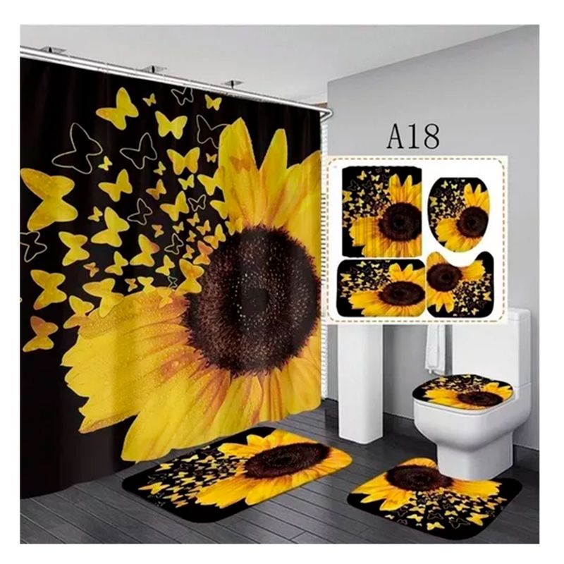 GENERICO - Cortina De Ducha Con Set De Alfombra Girasoles