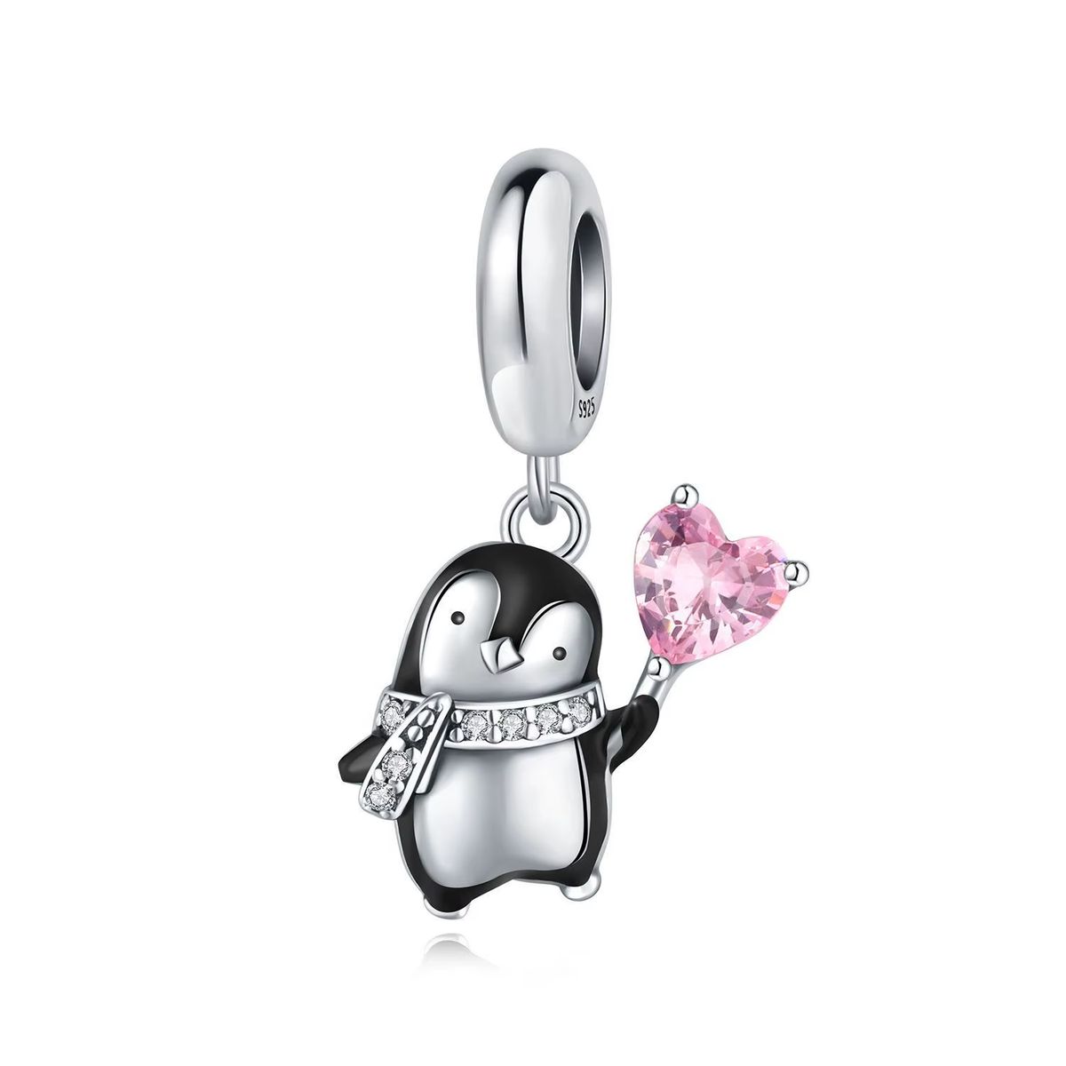 SILVER HEART - Charm Pingüino y Corazón con Circones en Plata Fina 925 SILVER HEART