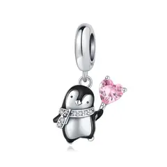 SILVER HEART - Charm Pingüino y Corazón con Circones en Plata Fina 925