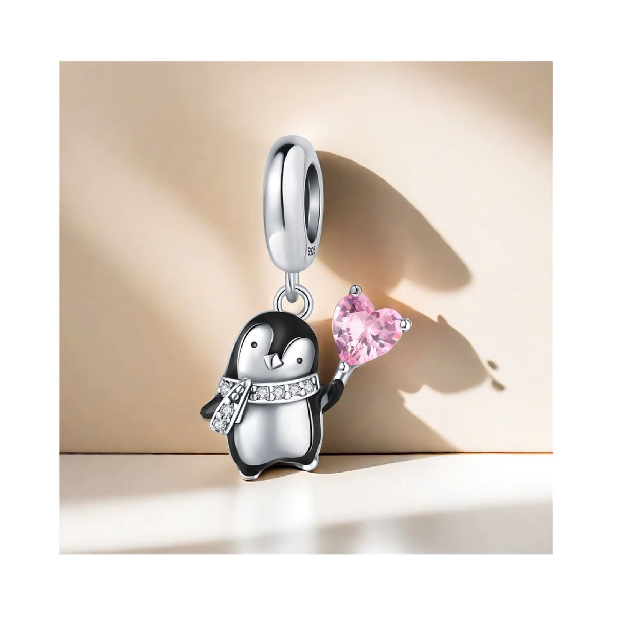 SILVER HEART - Charm Pingüino y Corazón con Circones en Plata Fina 925 SILVER HEART