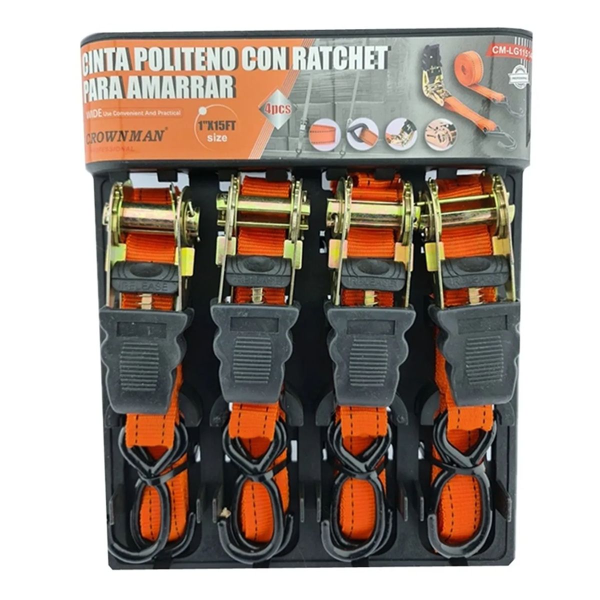 GENERICO - Jgo 4 Eslinga Cinta Amarre Con Ratchet 1 Pulgx15 Ft Crownman