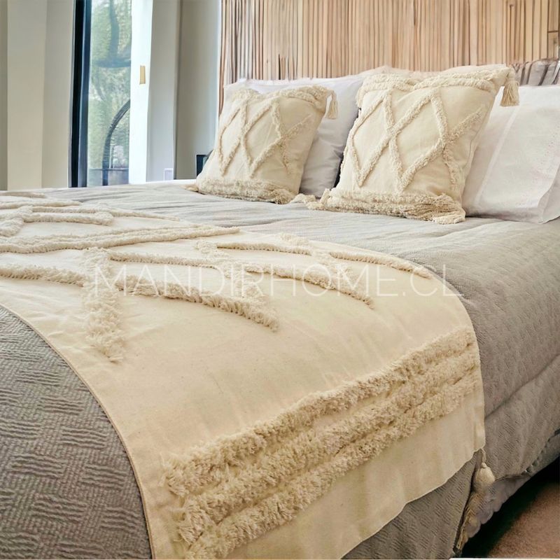 MANDIRHOME - Set Piecera + 2 Fundas Cojín Boho Crudo Camila 210x60cms y 45x45cms