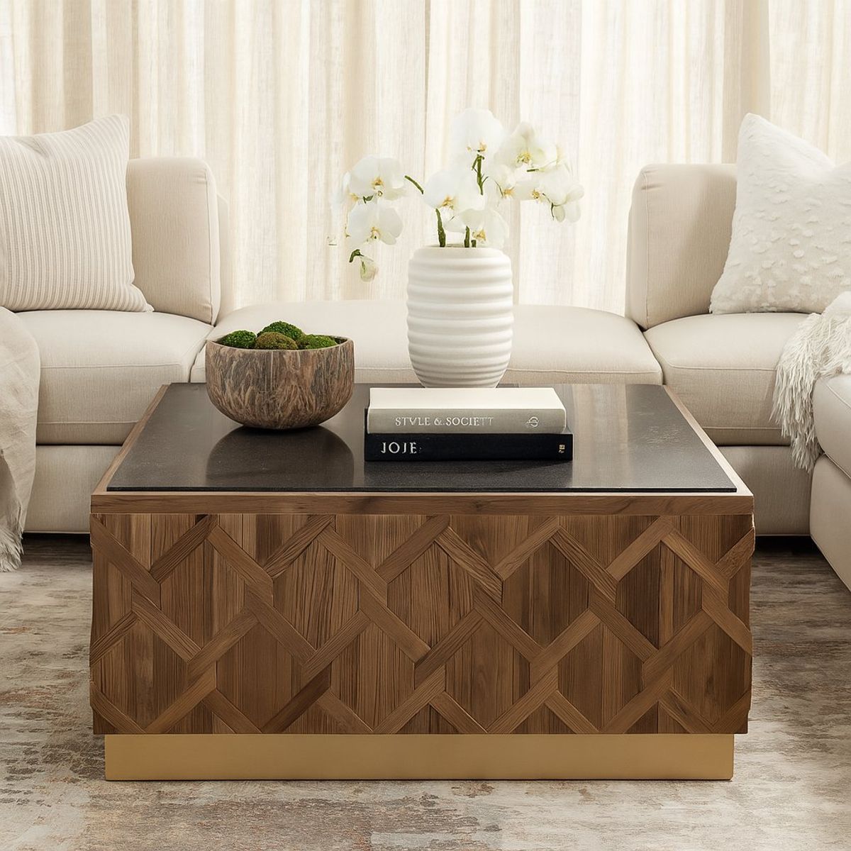 MEYA MUEBLES - Mesa de Centro Gurun madera de olmo y marmol 46x100x100