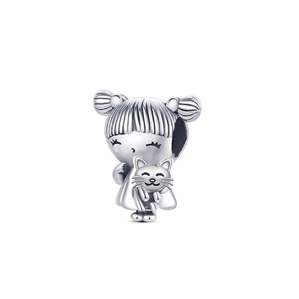 SILVER HEART - Charm Niña Pequeña y Gatito en Plata Fina 925 SILVER HEART